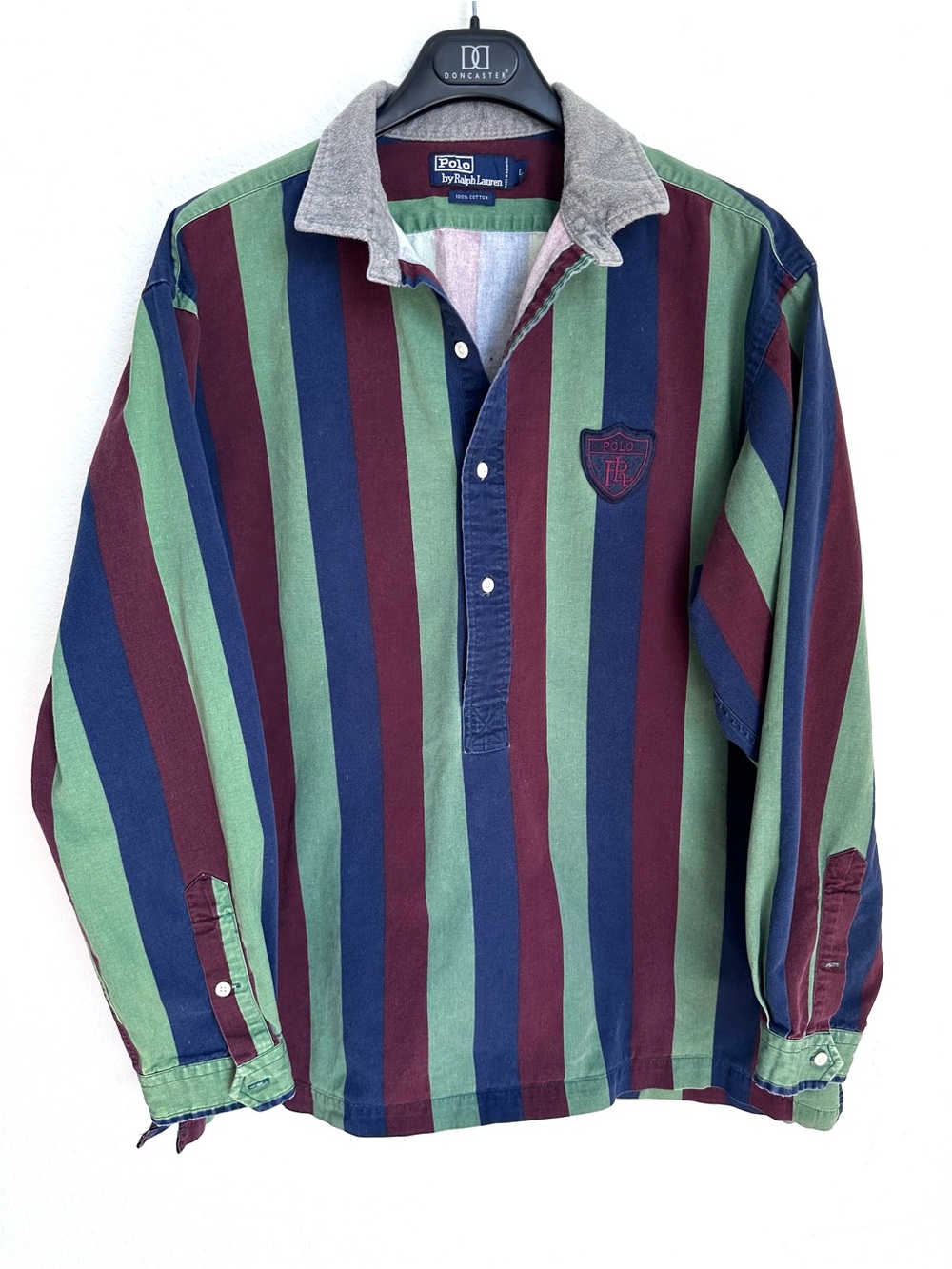 Vintage 90s Polo Ralph Lauren striped rugby cotton shirt crest patch Men’s large